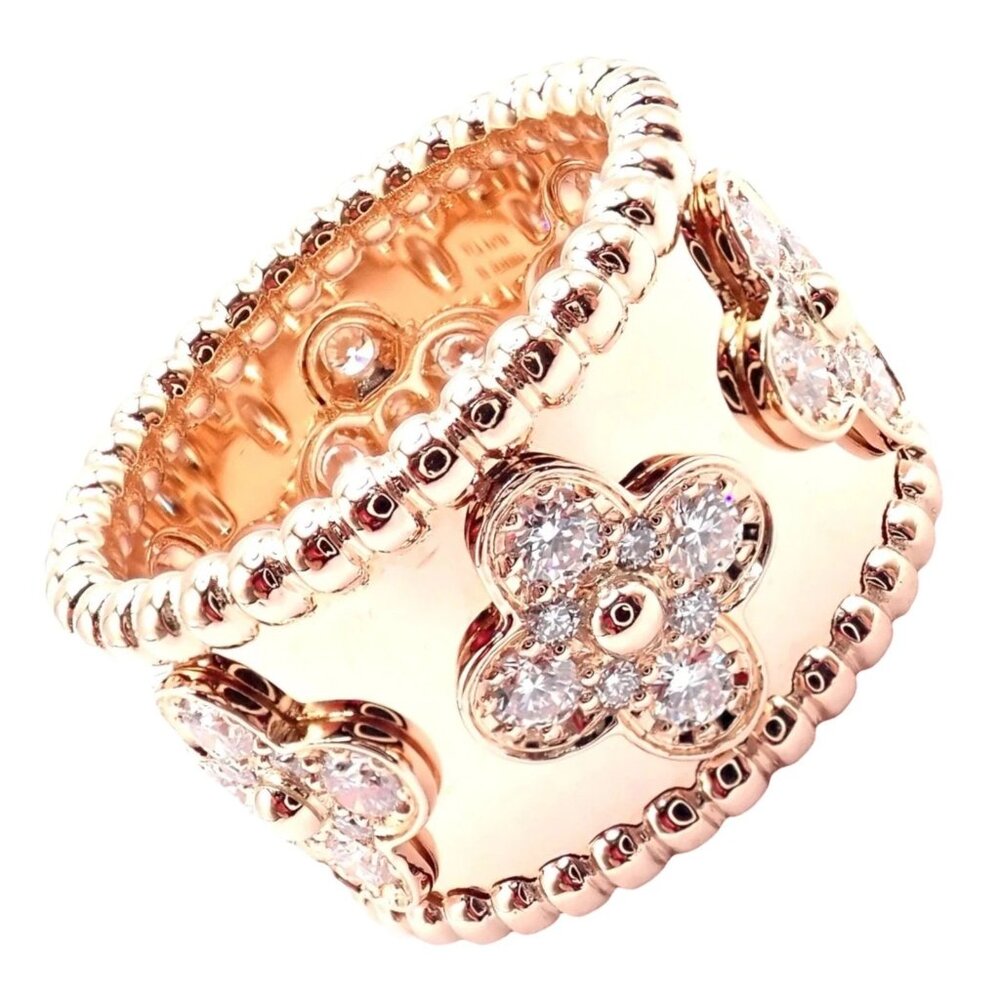 Authentic! Van Cleef & Arpels 18k Rose Gold Diamond Clovers Band Ring Size 50